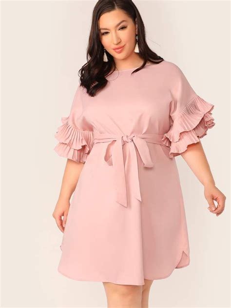 SHEIN Plus Layered Pleated Ruffle Cuff Belted Dress | Half sleeve ...