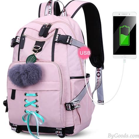 Leisure USB Interface Nylon Student Bag Girls Waterproof Bandage Junior ...