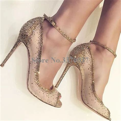 Spring New Fashion Women Open Toe Gold Bling Bling Diamond Pumps Gold ...