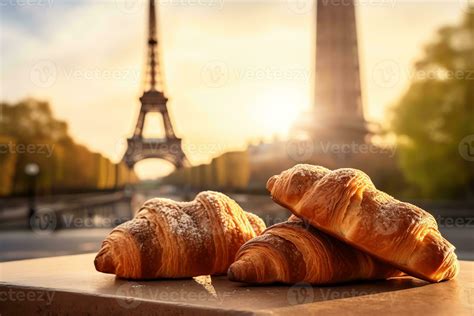Delicious french croissants on romantic background of eiffel tower ...