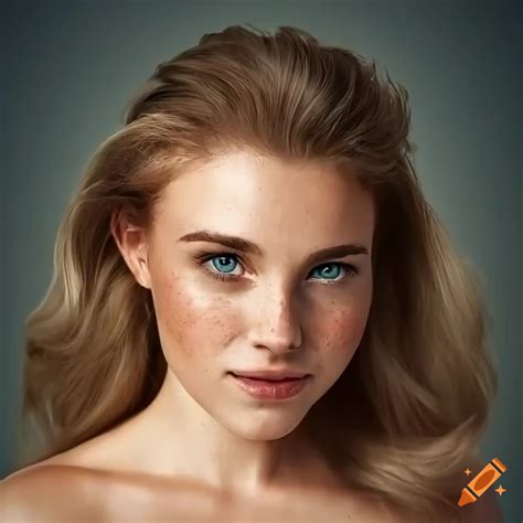 Portrait of a beautiful young woman with freckles and dark blonde hair on Craiyon