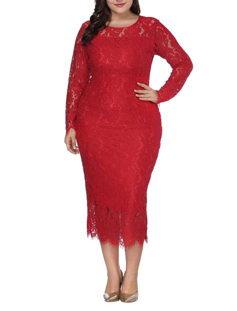 Womens Plus Size Lace Dresses Formal Floral Lace Dress Long Sleeve Midi Dress for Cocktail ...