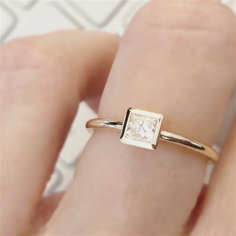 Square Diamond Bezel Set Ring Minimalist Style GIA Certified