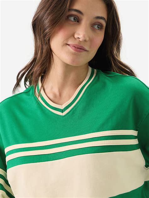 Buy Solids: Green and Off White Women Oversized Cropped T-Shirts Online