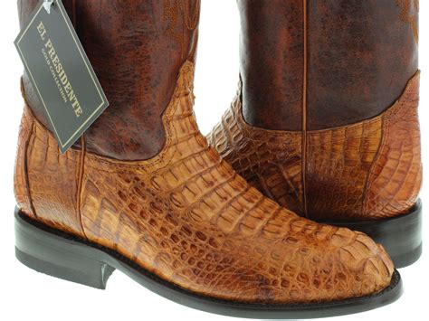 Mens Cognac Genuine Crocodile Skin Western Leather Cowboy Boots Head Cut Roper - Boots