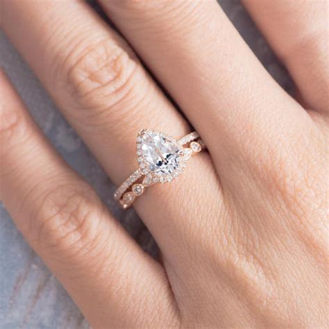 Pear Shaped Engagement Ring Wedding Band Women Set Rose Gold White Topaz Halo Diamond Stacking ...