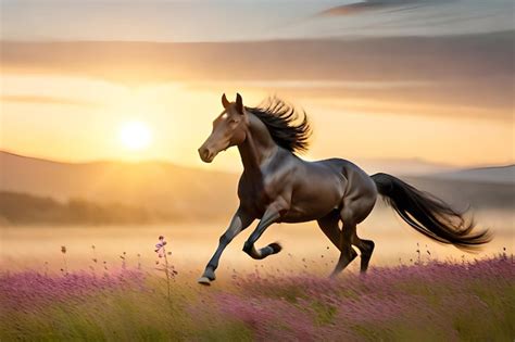 Premium Photo | Horse running in a field at sunset