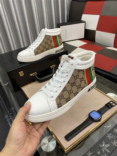 Gucci Men's GG Ace High Top Sneaker With Web White And Brown For Men ...