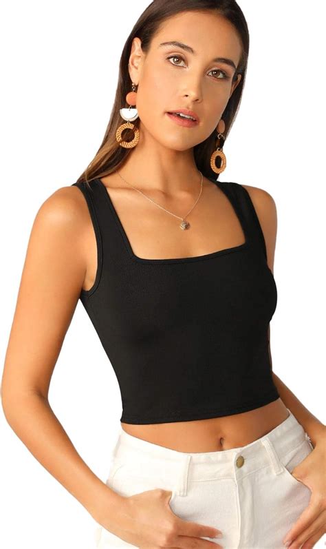 SheIn Women's Sleeveless Strappy Ribbed Knit Basic Plain Crop Tank Top, Black, Large : Amazon.ca ...