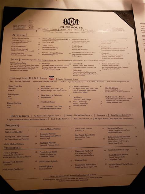 Menu at 801 Chophouse pub & bar, Kansas City