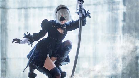 Wallpaper : women, cosplay, NieR, Nier Automata, 2B Nier Automata, katana, thighs, thigh highs ...