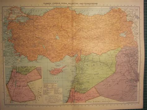 1939 MAP ~ Turkey Cyprus Syria Palestine & Transjordan Iraq $43.30 - PicClick