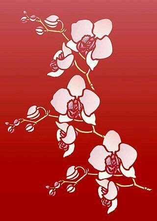 a red background with white flowers and leaves on the bottom right corner is an image of a branch