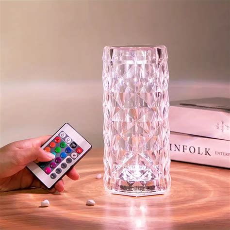 Crystal Table Lamp, 16 Color Changing Rgb Night Light Touching Control Rose Shadow Crystal Table ...