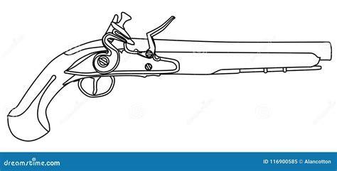 Pirates Flintlock Pistol Line Drawing on White Stock Vector - Illustration of illustrations ...