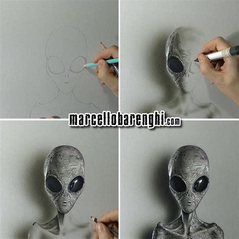 Marcello Barenghi: A Grey Alien - drawing phases | Alien drawings, Grey alien, Alien art