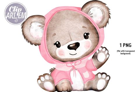 Cute Girl Teddy Bear in Pink Brown watercolor clip art image