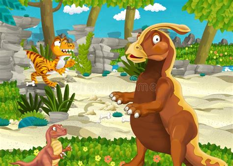 Cartoon Scene with Dinosaur in the Jungle Nature Background - Illustration for Children Stock ...