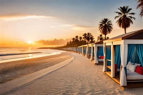 Premium AI Image | A beach scene with palm trees and a beach chair.