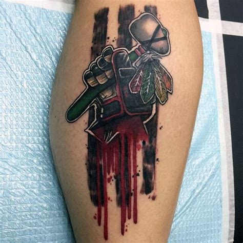 Cartoon style colored tattoo of bloody hand with Indian axe ...