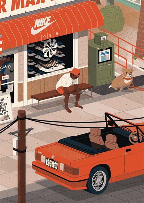 an orange car is parked in front of a nike store with a man sitting on ...