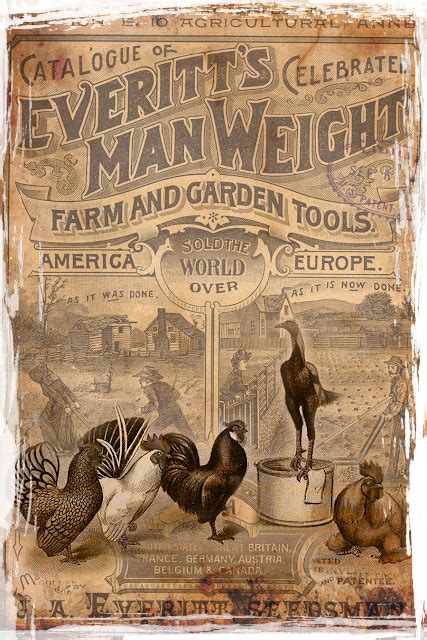 an old advertisement for several farm and garden tools, with chickens in buckets on the ground