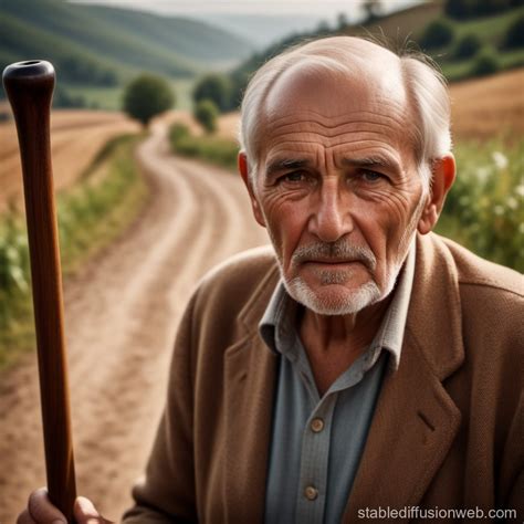 Elderly Man with Cane in Countryside | Stable Diffusion Online