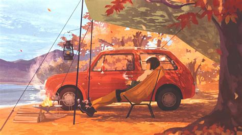 Camping Autumn Anime Girl Art 4K #2350f Wallpaper PC Desktop