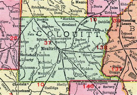 Colquitt County, Georgia, 1911, Map, Rand McNally, Moultrie, Doerun, Norman Park