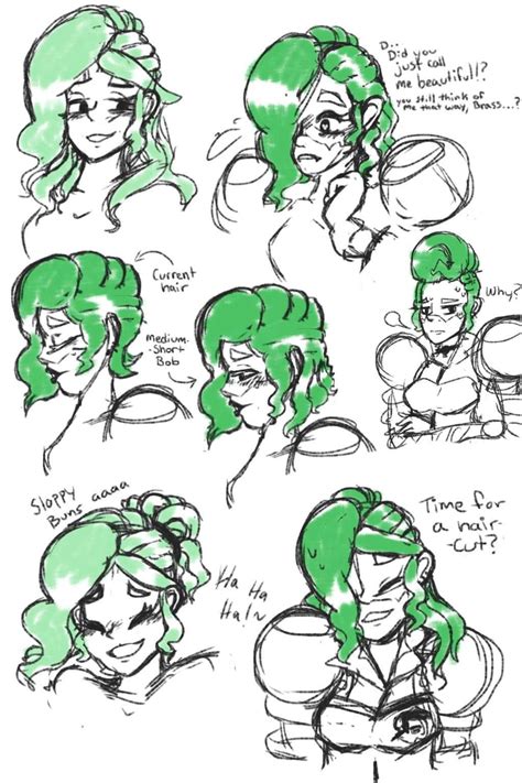 some green hair sketches for the character's face and head, with different expressions