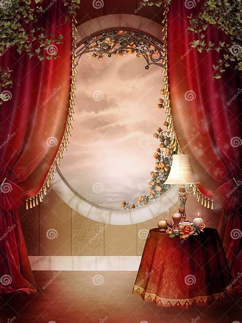 Victorian Bedroom with Red Curtains Stock Illustration - Illustration ...