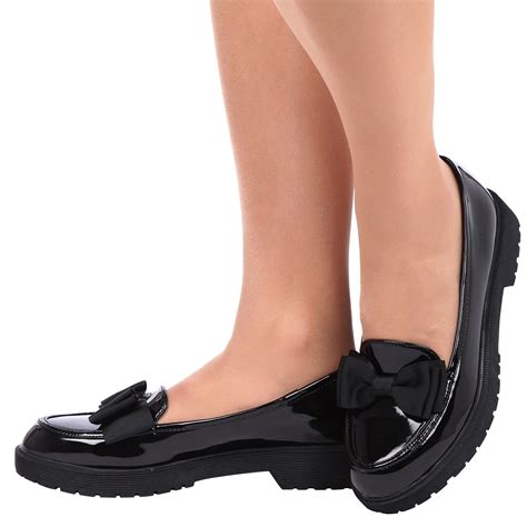 WOMENS GIRLS SCHOOL SHOES CHUNKY BOW LOAFERSL SLIP ON LADIES KIDS PUMPS SIZE NEW | eBay