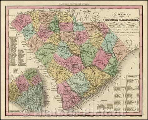 Historic Map - South Carolina with its Canals, Roads & Distances from ...