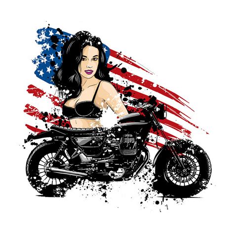 Beautiful biker girl with her motorcycle and american flag Digital Art ...