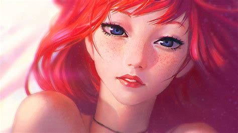 Red-haired female anime character, Ilya Kuvshinov, redhead, freckles, blue eyes HD wallpaper