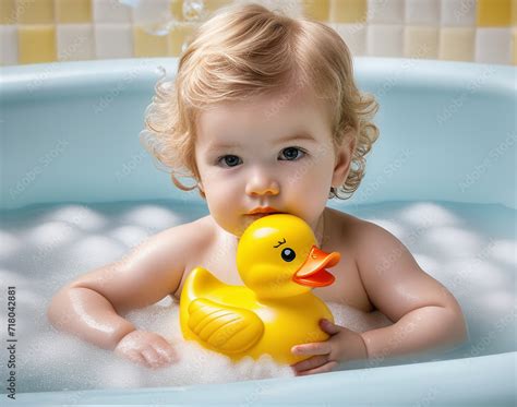 Portrait of happy laughing baby bathing in bathtub with yellow toy duck. Bathing and washing of ...