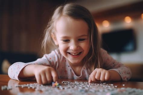 Premium Photo | Cheerful cute little girl lying on the table while playing with jigsaw puzzles