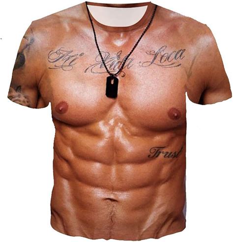 PD Men's Funny 3D Muscle Tattoo Print Short Sleeve T-Shirts Muscle Six Pack Abs T-Shirt, Skin ...