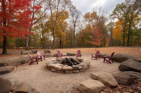 Premium AI Image | Campsite with fire pit and chairs for gathering ...