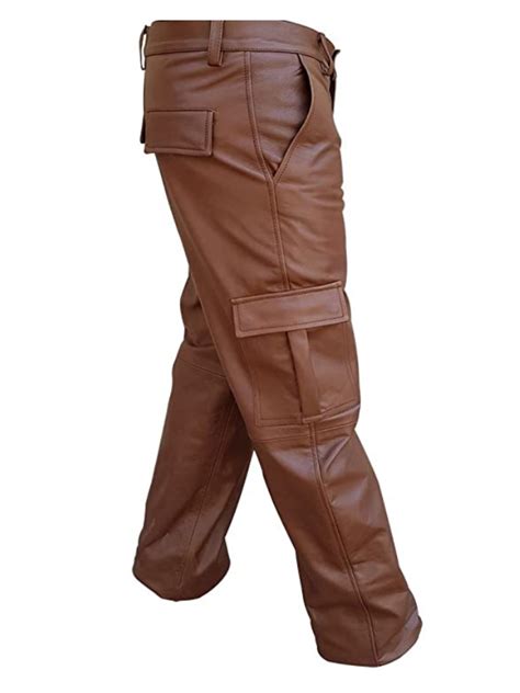 Real Brown Leather Cargo Jeans Pants for Male