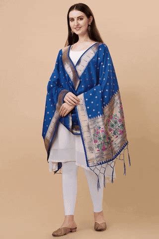 Generic Women's Silk Pure Zari weaving Duppatta (Blue, Leangth: 2-2.3 Mtrs)-PID44919