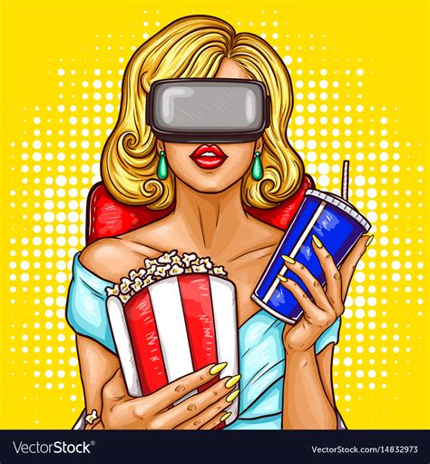 Pop art woman watching movie with virtual Vector Image