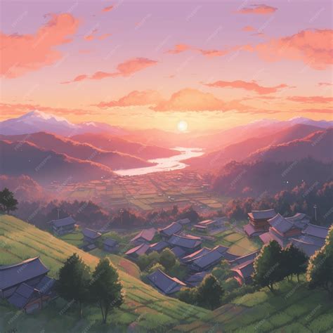 Premium AI Image | anime scenery of a village with a lake and mountains ...