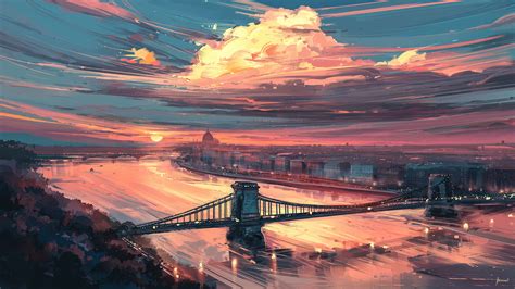 Artwork Digital Art Bridge Sunset Clouds Aenami Budapest Hungary ...