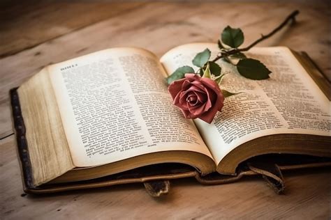 Premium AI Image | Open Bible with Rose Flowers on Light Wood Created ...