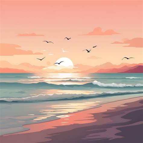 Premium Photo | A painting of a sunset with birds flying over the ocean