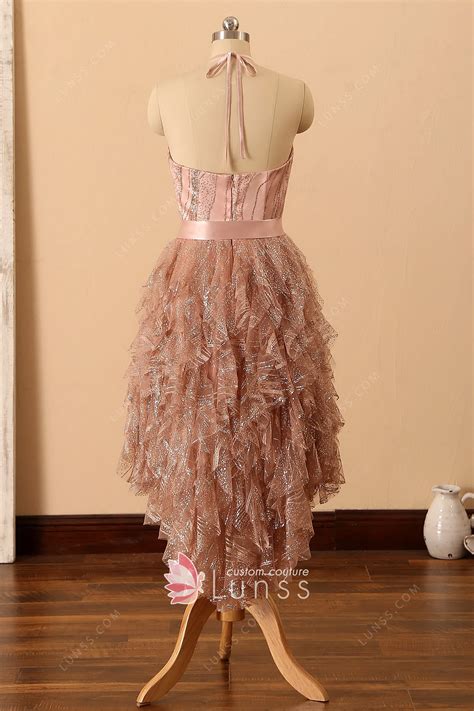 Shiny Rose Gold Glitter Ruffled Halter Hi-lo Prom Dress - Lunss