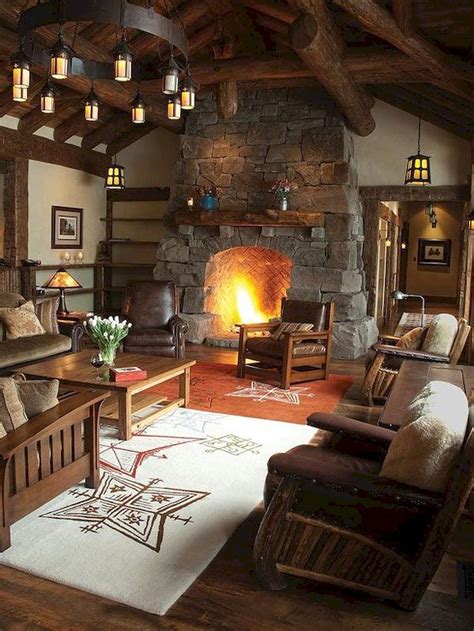 07 cozy modern farmhouse living room decor ideas | Cabin living room, Home fireplace, Rustic ...