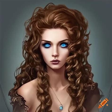 Woman with long curly brown hair and dark blue eyes on Craiyon