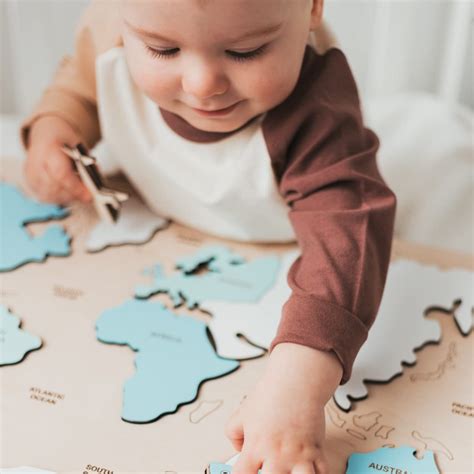 Wooden World Map Continents and Ocean Personalized Puzzle Baby Gift Montessori Educational Toys ...